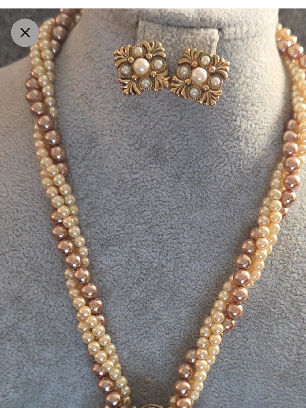 Pearl Twist Necklace and Floral Pearl Clip-On Earrings - Gold-Tone